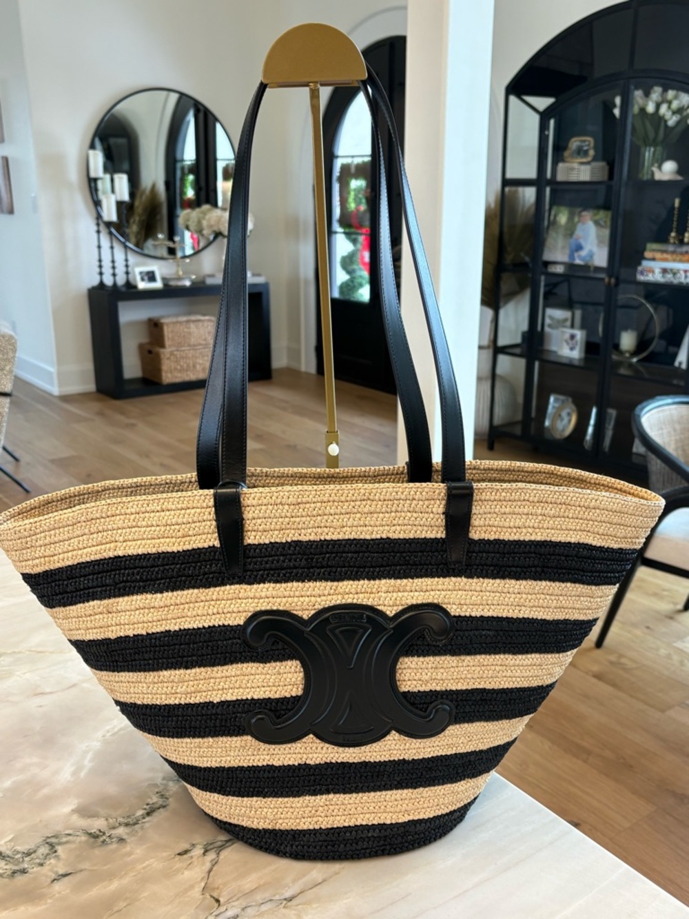 Celine Straw Shoulder Tote in Natural and Black Stripes